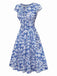 [Pre-Sale] Blue 1950s Ethnic Floral Round Neck Cap Sleeve Dress