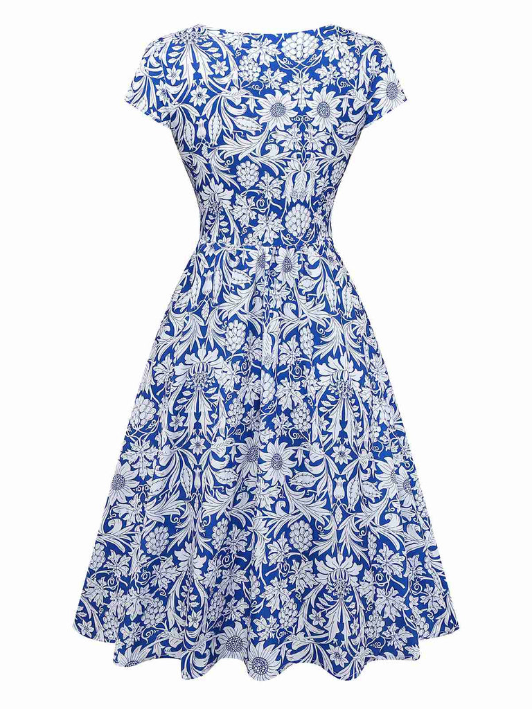 [Pre-Sale] Blue 1950s Ethnic Floral Round Neck Cap Sleeve Dress