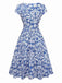[Pre-Sale] Blue 1950s Ethnic Floral Round Neck Cap Sleeve Dress