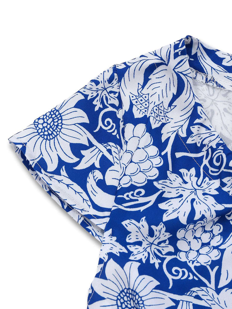 [Pre-Sale] Blue 1950s Ethnic Floral Round Neck Cap Sleeve Dress