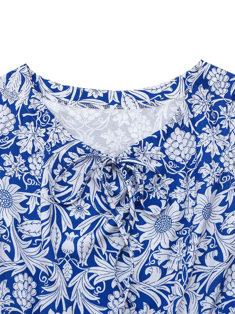 [Pre-Sale] Blue 1950s Ethnic Floral Round Neck Cap Sleeve Dress