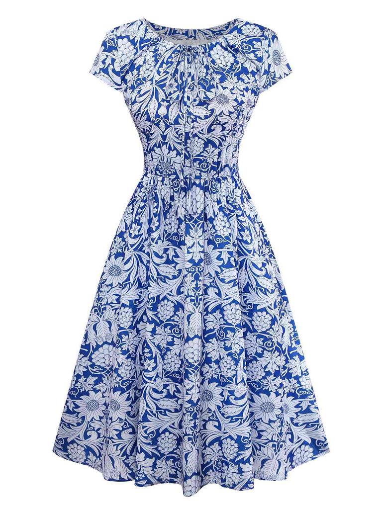 [Pre-Sale] Blue 1950s Ethnic Floral Round Neck Cap Sleeve Dress