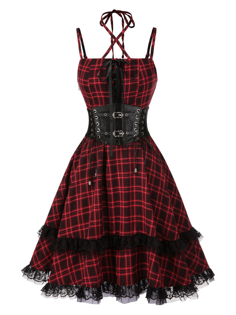 [Pre-Sale] Red 1980s Gothic Plaid Lace Up Corset Dress