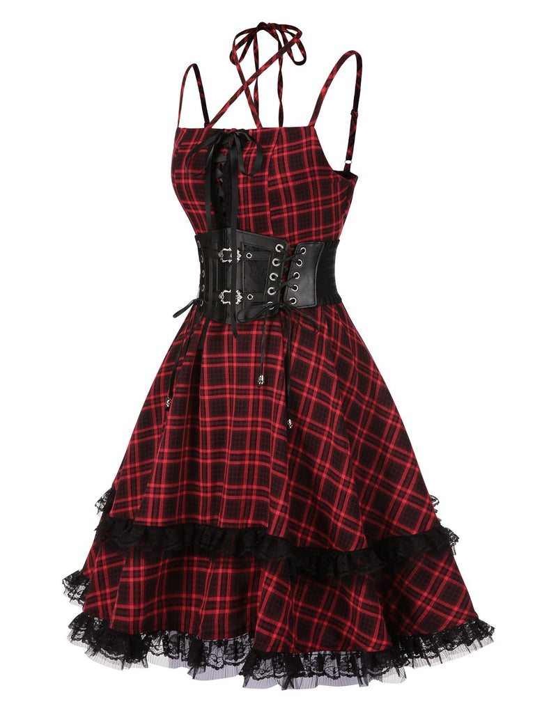 [Pre-Sale] Red 1980s Gothic Plaid Lace Up Corset Dress