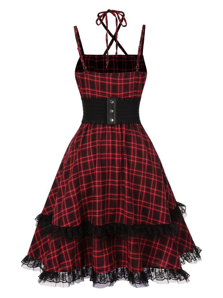 [Pre-Sale] Red 1980s Gothic Plaid Lace Up Corset Dress