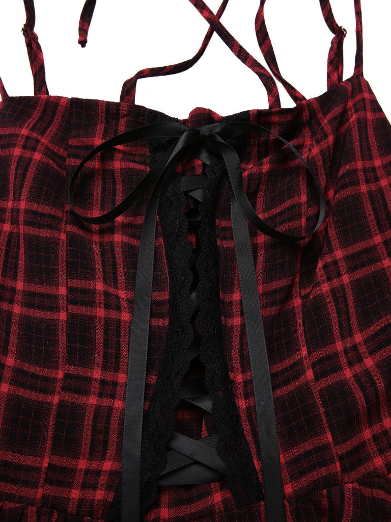 [Pre-Sale] Red 1980s Gothic Plaid Lace Up Corset Dress