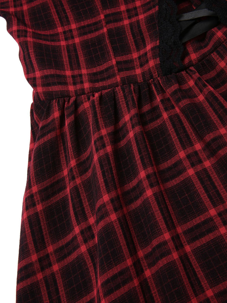 [Pre-Sale] Red 1980s Gothic Plaid Lace Up Corset Dress