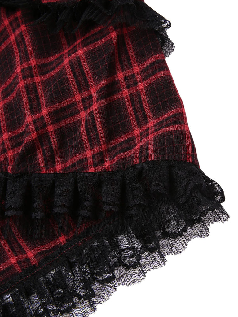 [Pre-Sale] Red 1980s Gothic Plaid Lace Up Corset Dress
