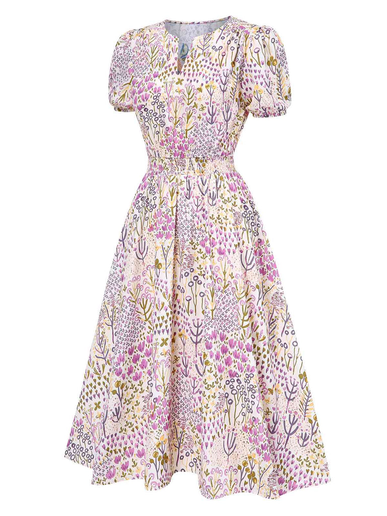 [Pre-Sale] Lavender 1950s Floral V-Neck Puff Sleeve Dress