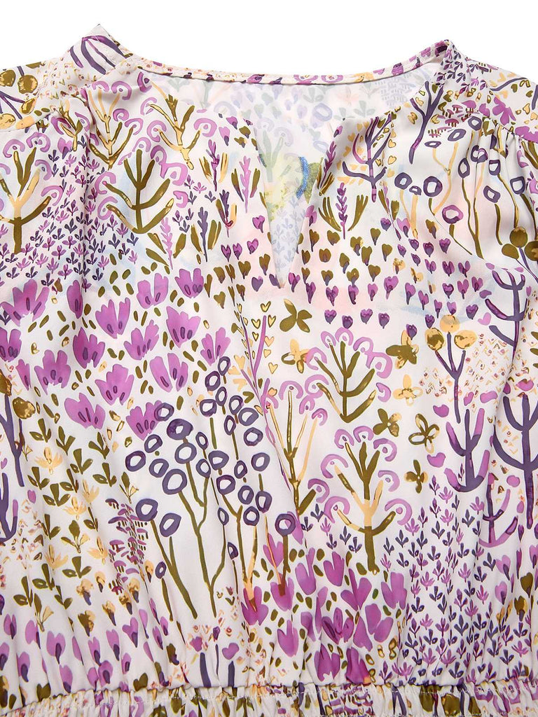 [Pre-Sale] Lavender 1950s Floral V-Neck Puff Sleeve Dress