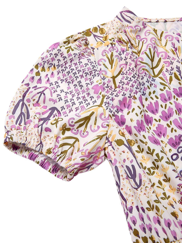 [Pre-Sale] Lavender 1950s Floral V-Neck Puff Sleeve Dress