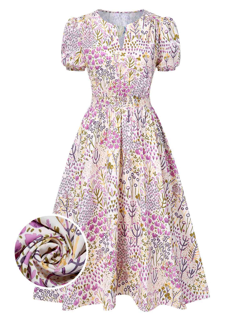 [Pre-Sale] Lavender 1950s Floral V-Neck Puff Sleeve Dress