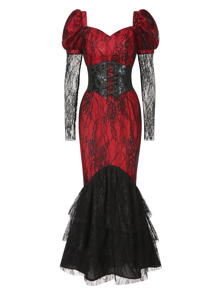 [Pre-Sale] 1930s Sweetheart Lace Puff Sleeve Sheer Fishtail Dress