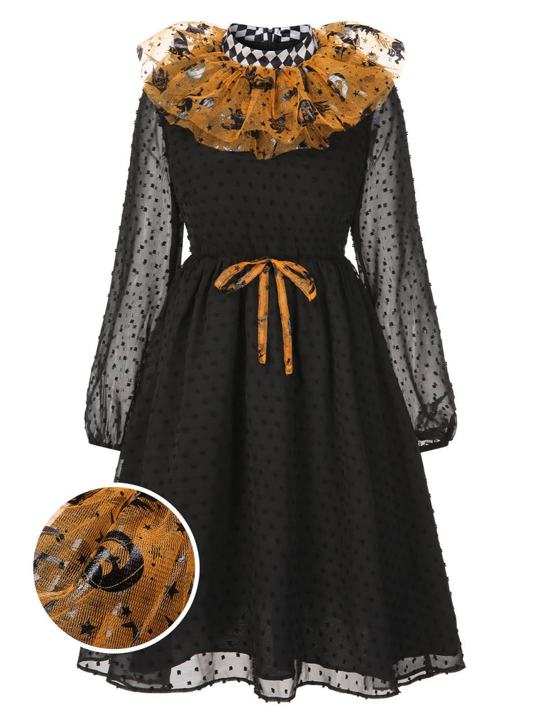 [Pre-Sale] Black & Orange 1950s Halloween Pumpkin Mesh Patchwork Dress