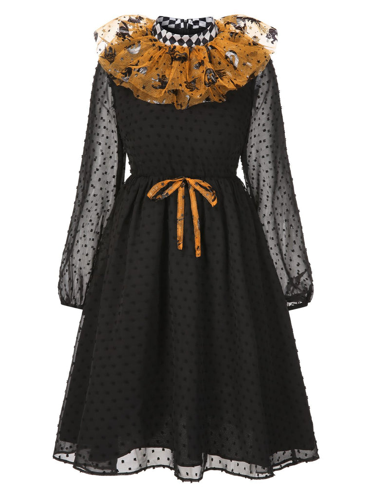 [Pre-Sale] Black & Orange 1950s Halloween Pumpkin Mesh Patchwork Dress