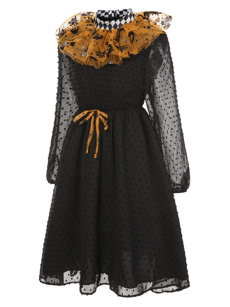 [Pre-Sale] Black & Orange 1950s Halloween Pumpkin Mesh Patchwork Dress