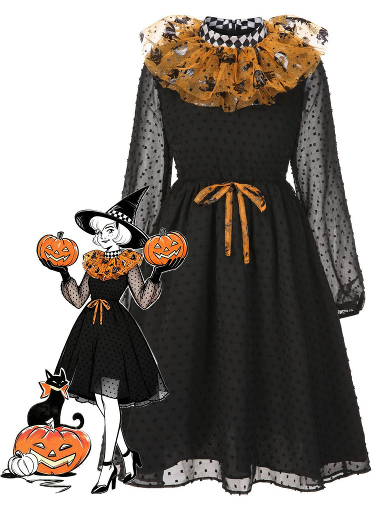[Pre-Sale] Black & Orange 1950s Halloween Pumpkin Mesh Patchwork Dress