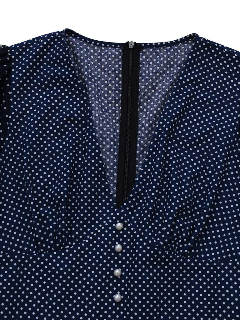 [Pre-Sale] Navy 1930s Polka Dot V Neck Jumpsuit