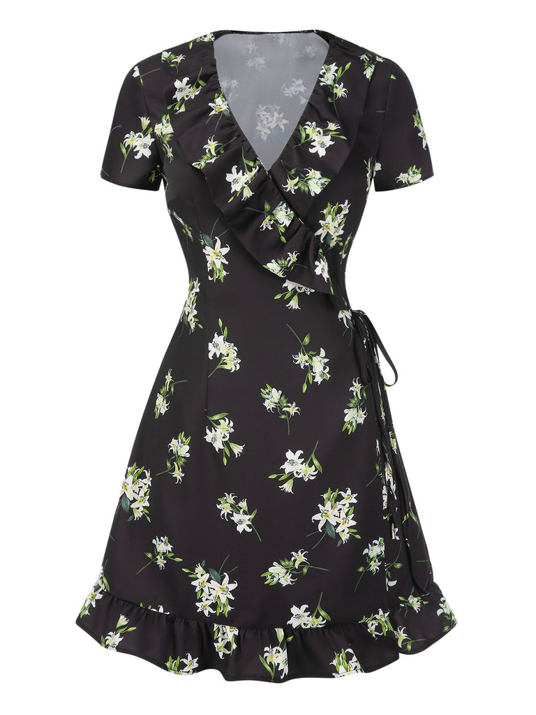 [Pre-Sale] Black 1950s Lily Ruffled V-Neck Wrap Dress