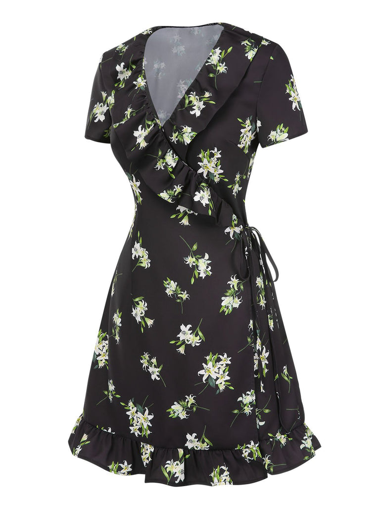 [Pre-Sale] Black 1950s Lily Ruffled V-Neck Wrap Dress