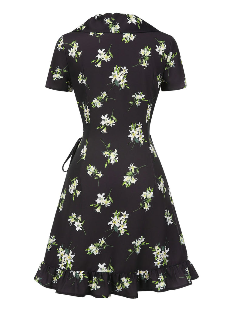 [Pre-Sale] Black 1950s Lily Ruffled V-Neck Wrap Dress