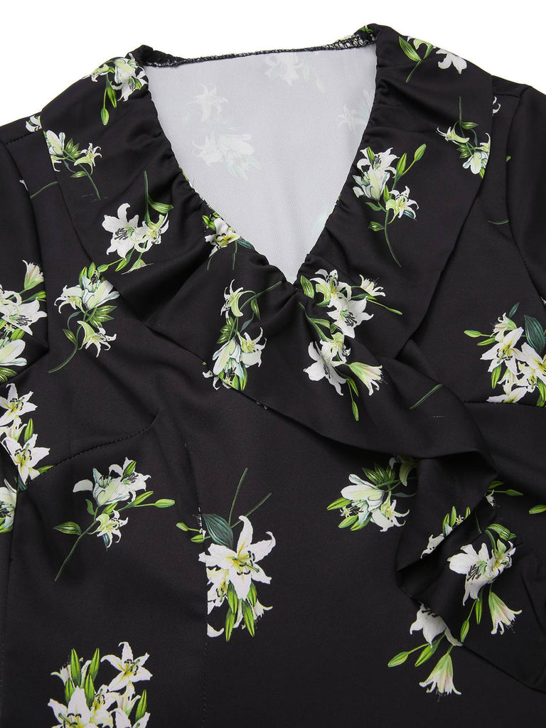 [Pre-Sale] Black 1950s Lily Ruffled V-Neck Wrap Dress
