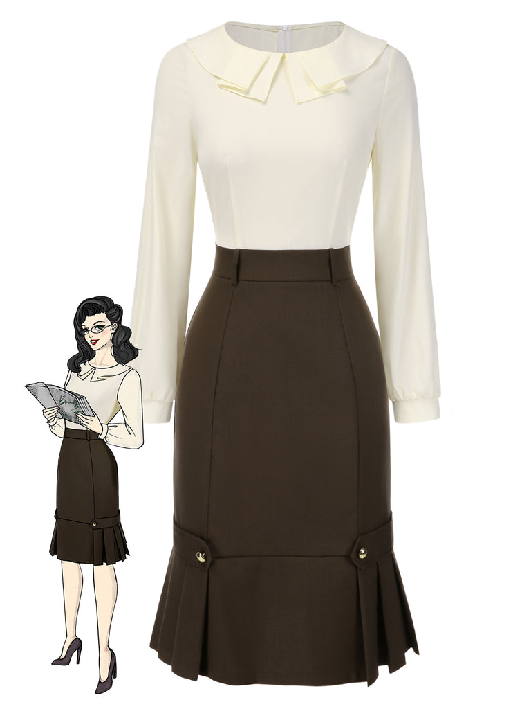 [Pre-Sale] Brown 1960s Contrast Collar Long Sleeve Pencil Dress