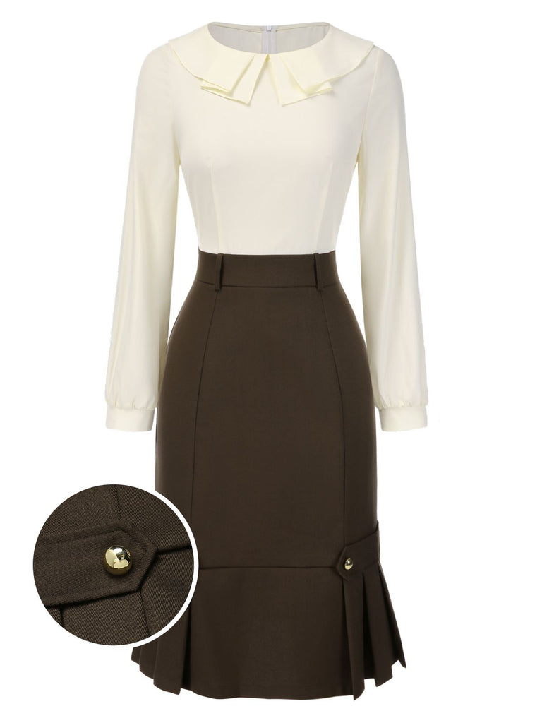 [Pre-Sale] Brown 1960s Contrast Collar Long Sleeve Pencil Dress