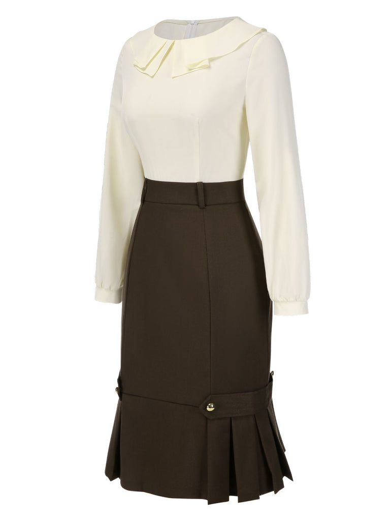 [Pre-Sale] Brown 1960s Contrast Collar Long Sleeve Pencil Dress