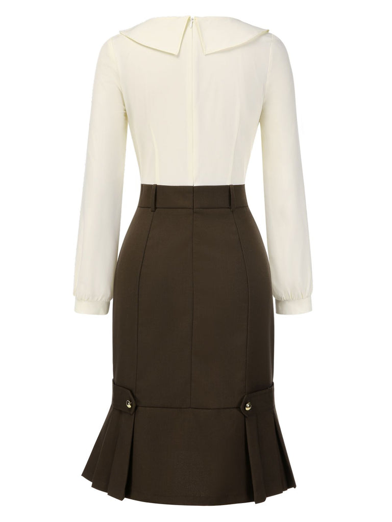 [Pre-Sale] Brown 1960s Contrast Collar Long Sleeve Pencil Dress