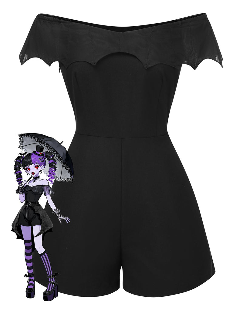 [Pre-Sale] Black 1950s Gothic Bat Off-Shoulder Mesh Romper
