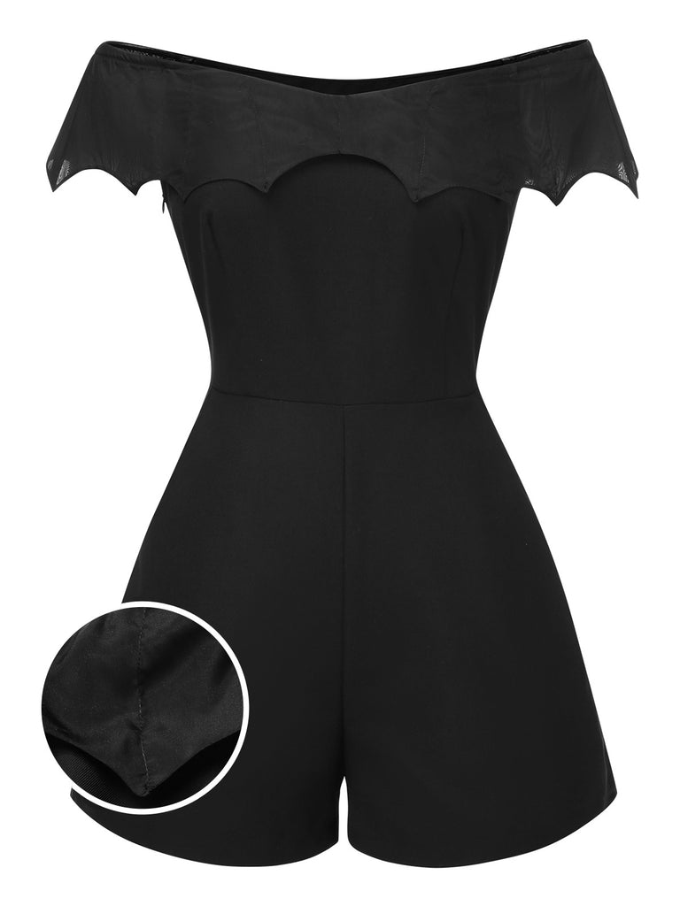 [Pre-Sale] Black 1950s Gothic Bat Off-Shoulder Mesh Romper