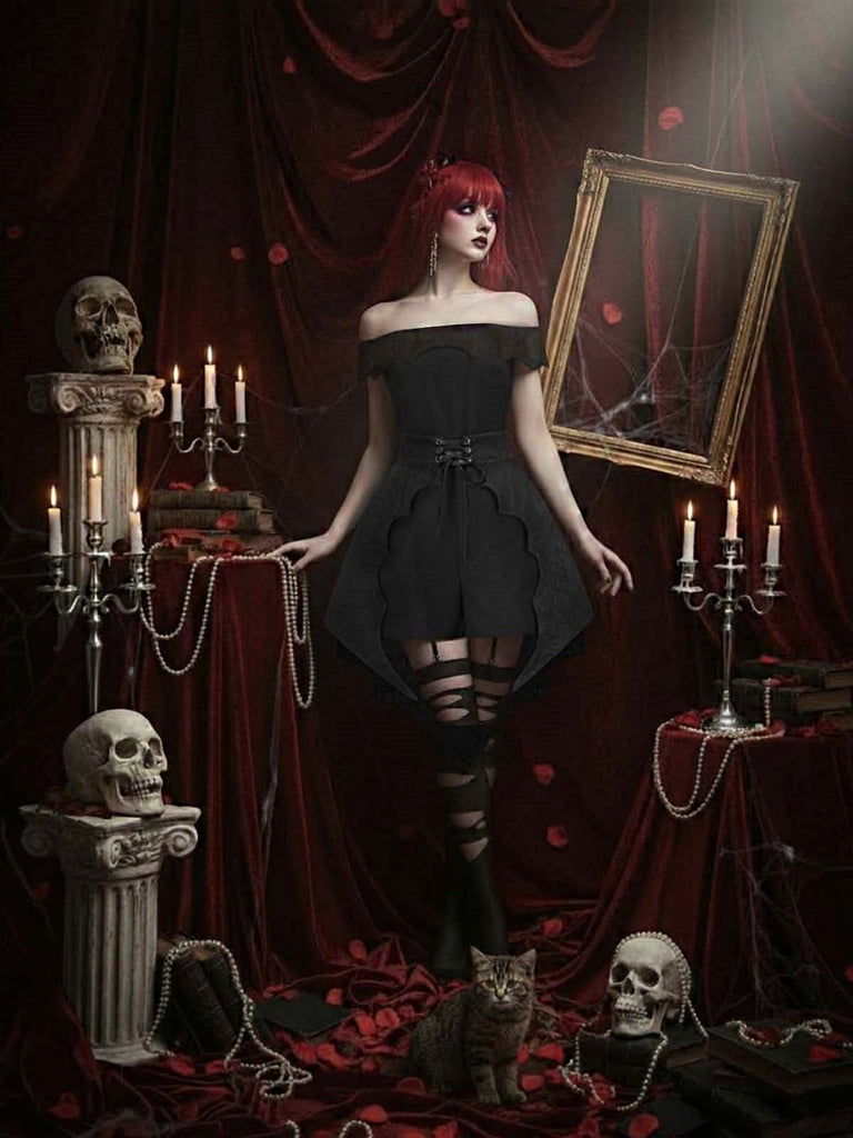 [Pre-Sale] 2PCS Black 1950s Gothic Bat Romper & High-Low Cover-Up