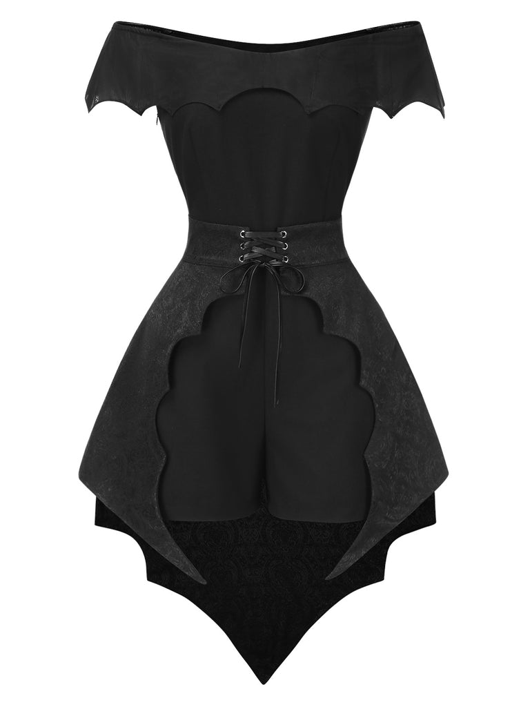 [Pre-Sale] 2PCS Black 1950s Gothic Bat Romper & High-Low Cover-Up