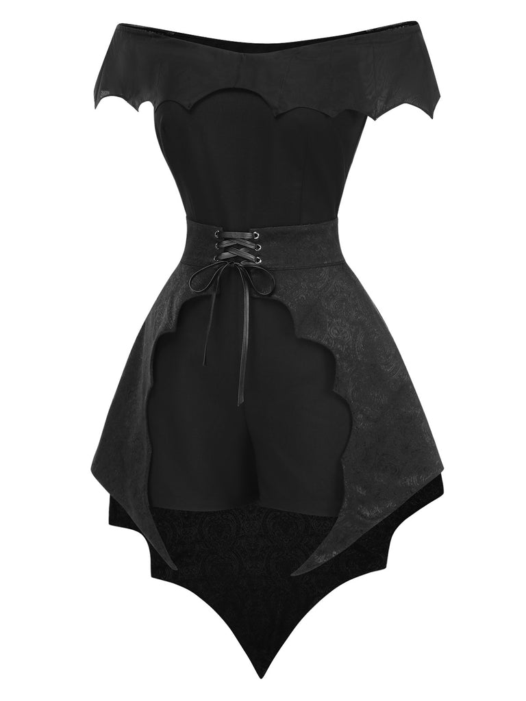 [Pre-Sale] 2PCS Black 1950s Gothic Bat Romper & High-Low Cover-Up