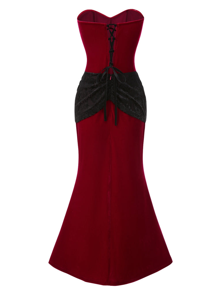 [Pre-Sale] Red 1930s Velvet Bandeau Fishtail Maxi Dress
