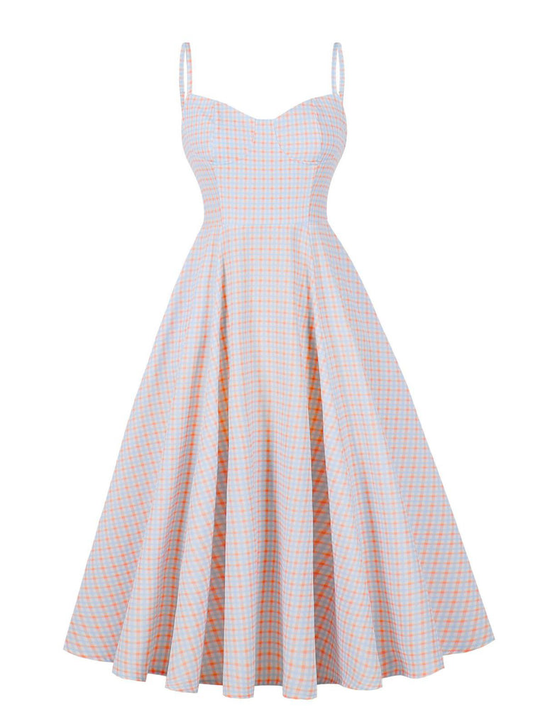 White 1950s Gingham Plaid Spaghetti Strap Dress