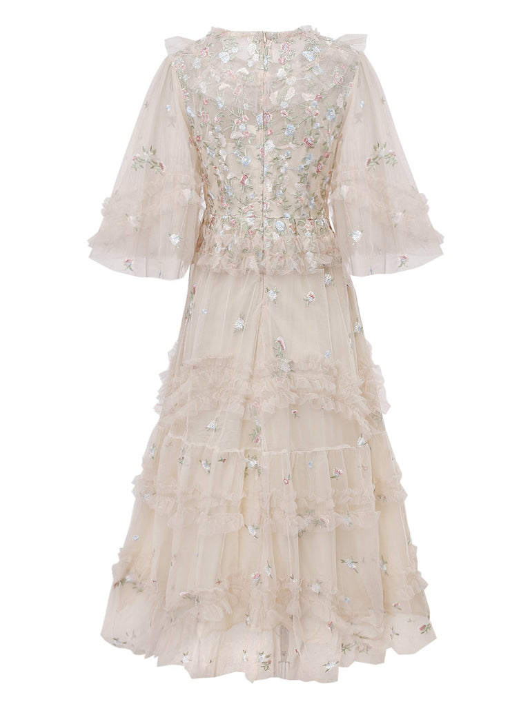 Beige 1930s Floral Embroidery Illusion Mesh Ruffled Dress