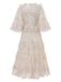 Beige 1930s Floral Embroidery Illusion Mesh Ruffled Dress