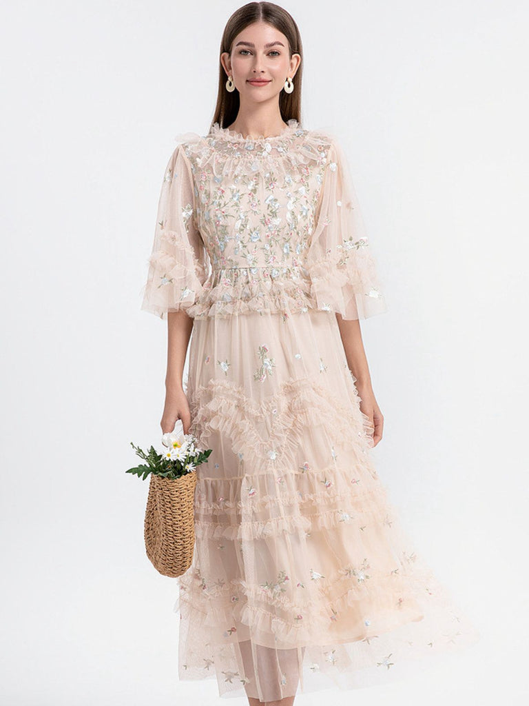 Beige 1930s Floral Embroidery Illusion Mesh Ruffled Dress