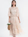 Beige 1930s Floral Embroidery Illusion Mesh Ruffled Dress