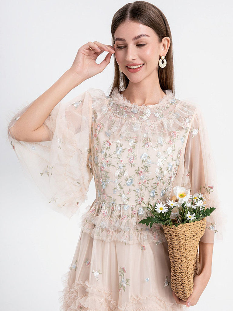Beige 1930s Floral Embroidery Illusion Mesh Ruffled Dress
