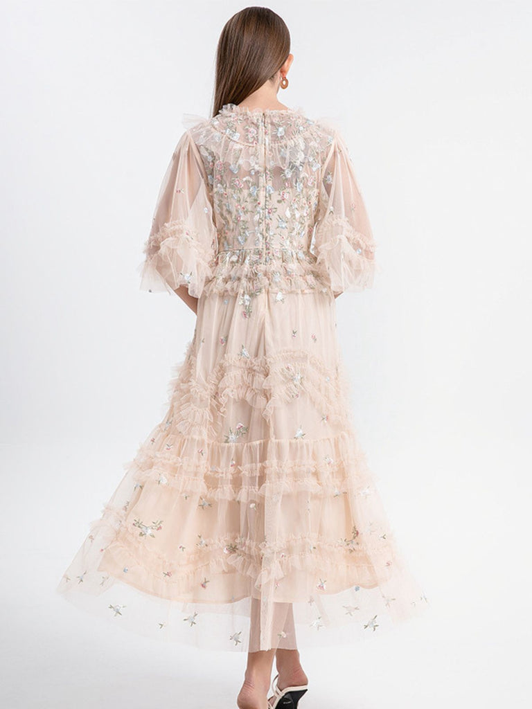 Beige 1930s Floral Embroidery Illusion Mesh Ruffled Dress