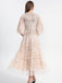 Beige 1930s Floral Embroidery Illusion Mesh Ruffled Dress