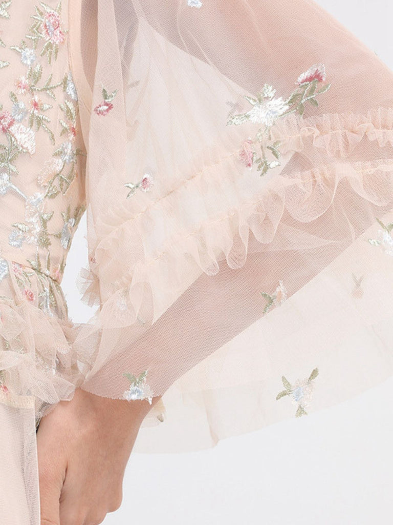 Beige 1930s Floral Embroidery Illusion Mesh Ruffled Dress