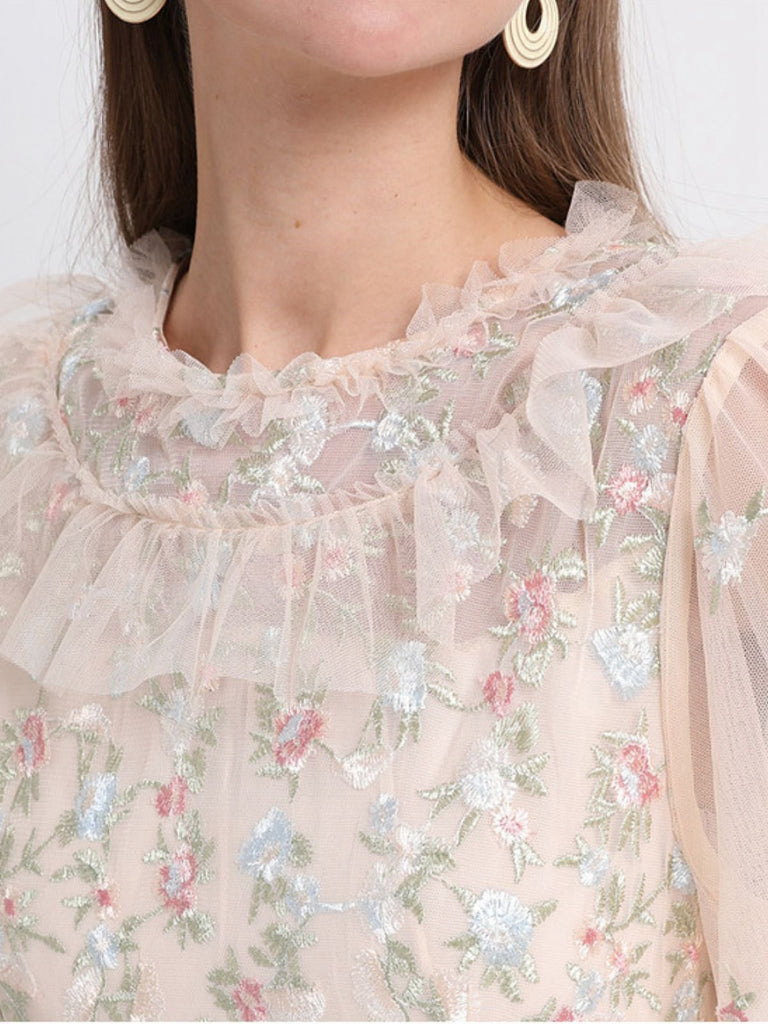 Beige 1930s Floral Embroidery Illusion Mesh Ruffled Dress