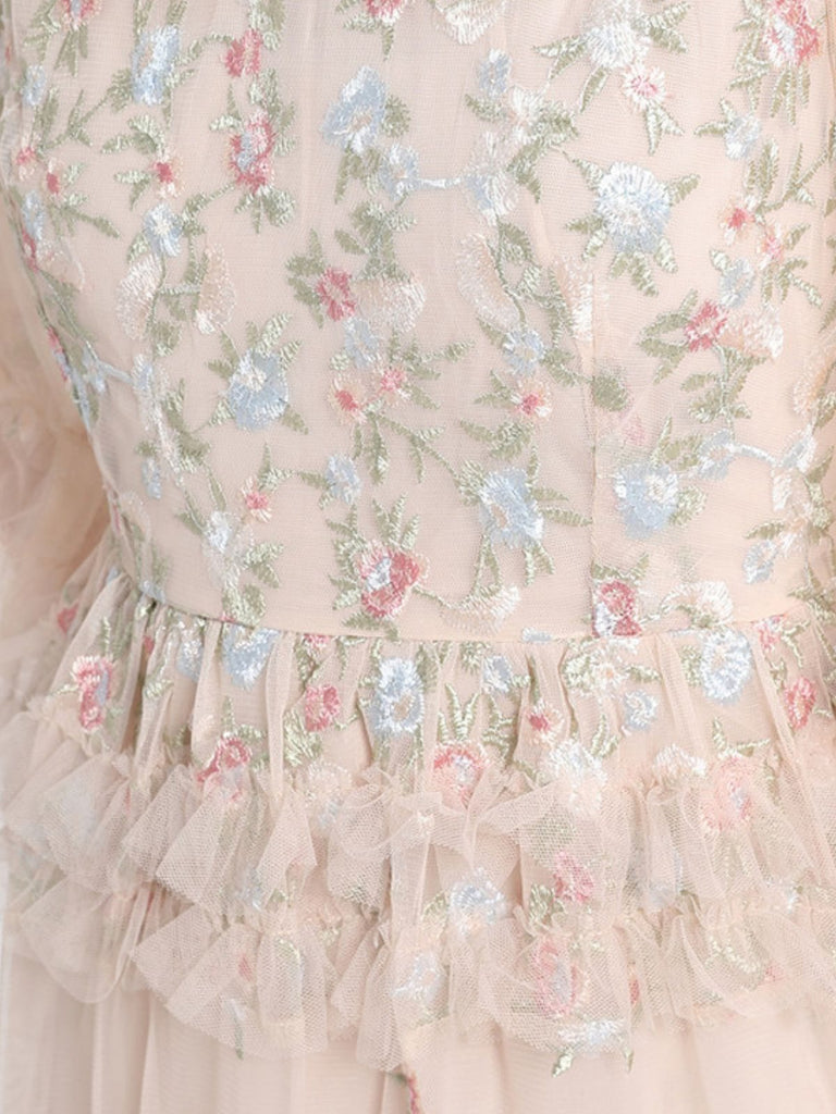 Beige 1930s Floral Embroidery Illusion Mesh Ruffled Dress