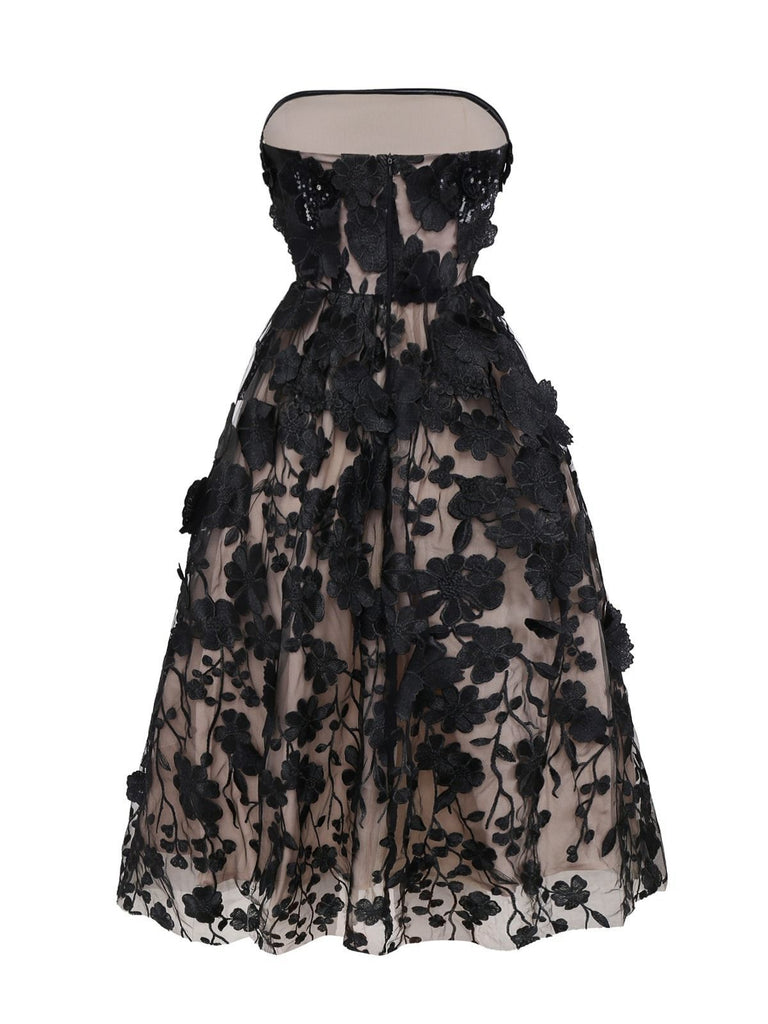 Black 1950s Bandeau Mesh 3D-Floral Patchwork Dress