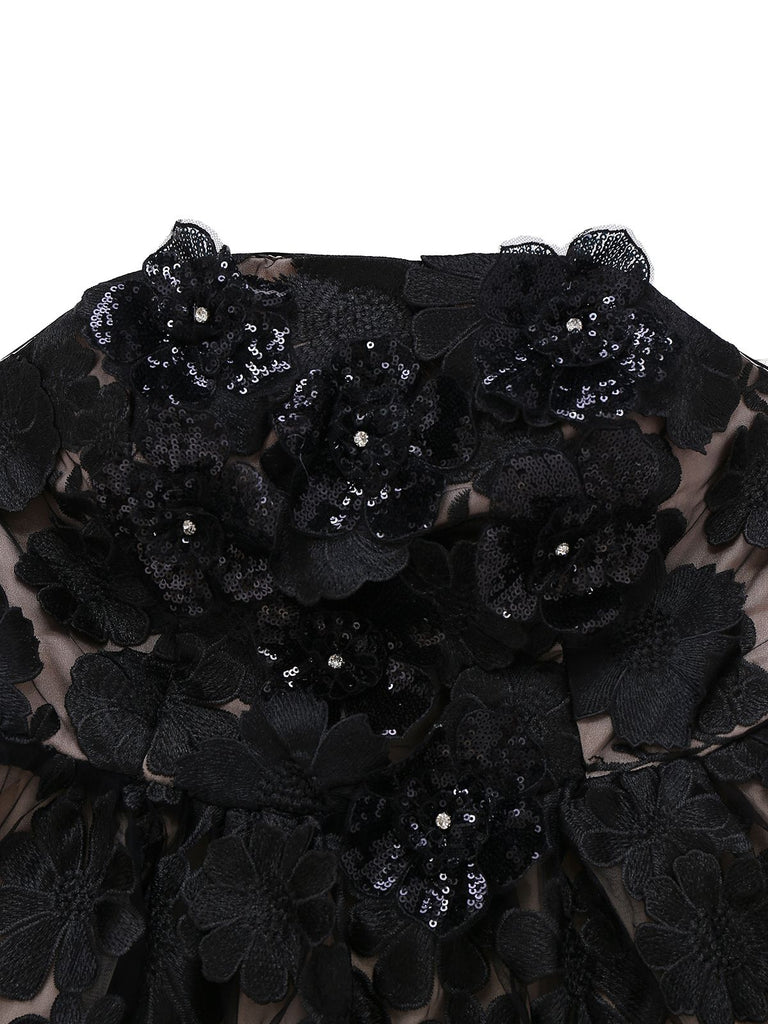 Black 1950s Bandeau Mesh 3D-Floral Patchwork Dress