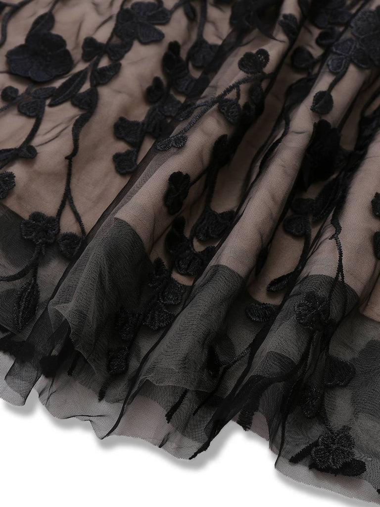 Black 1950s Bandeau Mesh 3D-Floral Patchwork Dress